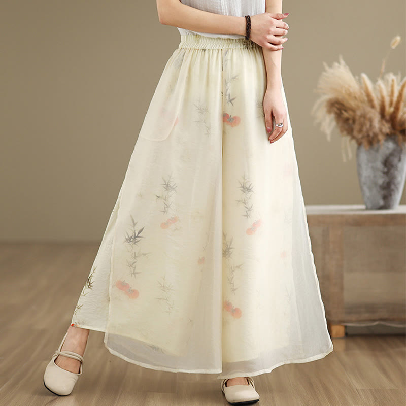 Spring Vintage Printing Plant Pattern Double Layer Design Women's Cotton Wide Leg Pants With Pockets