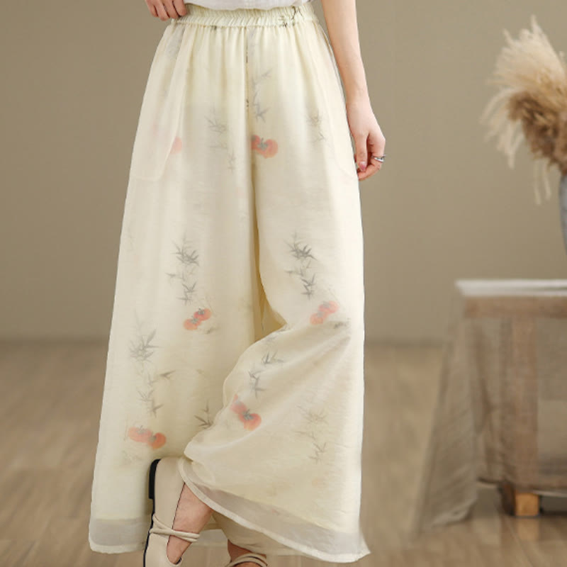 Spring Vintage Printing Plant Pattern Double Layer Design Women's Cotton Wide Leg Pants With Pockets