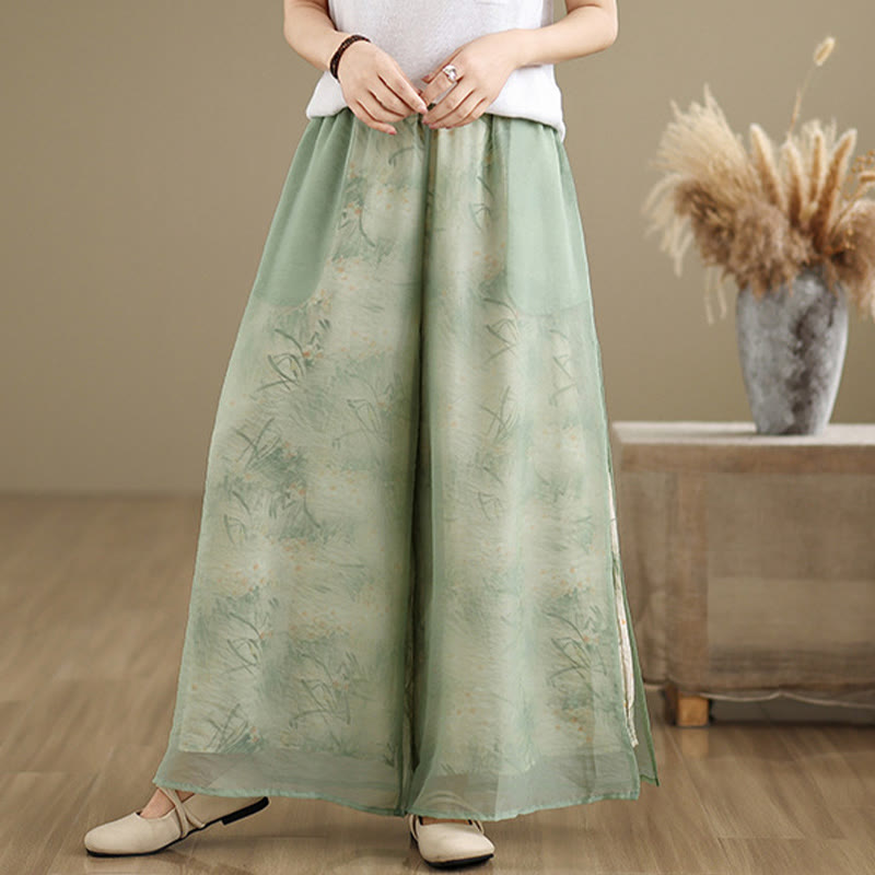 Spring Vintage Printing Plant Pattern Double Layer Design Women's Cotton Wide Leg Pants With Pockets
