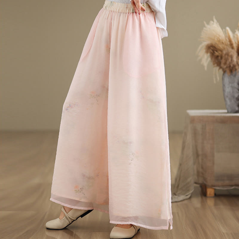 Spring Vintage Printing Plant Pattern Double Layer Design Women's Cotton Wide Leg Pants With Pockets