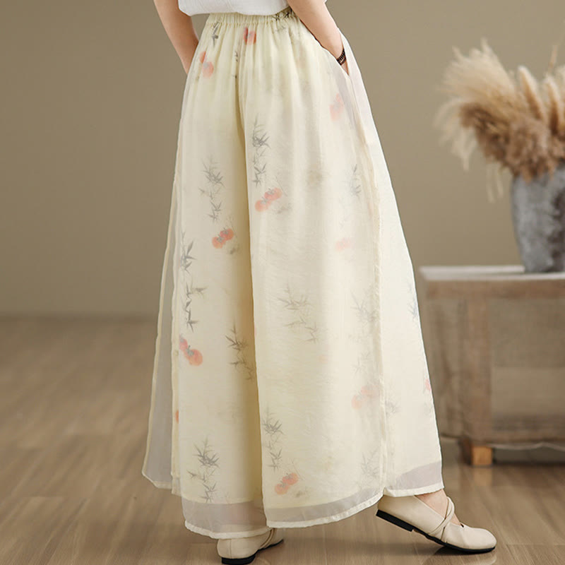 Spring Vintage Printing Plant Pattern Double Layer Design Women's Cotton Wide Leg Pants With Pockets