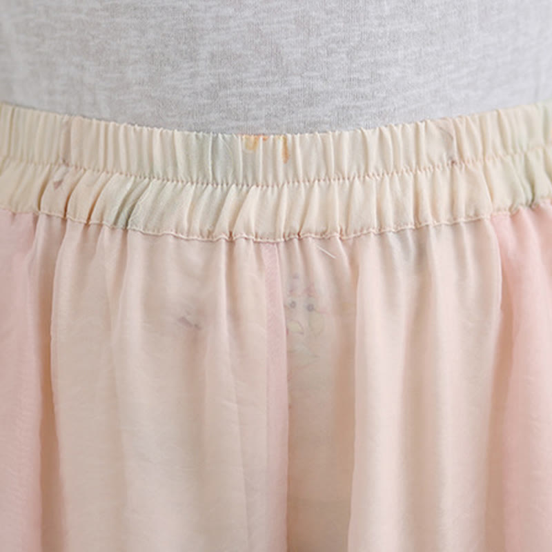 Spring Vintage Printing Plant Pattern Double Layer Design Women's Cotton Wide Leg Pants With Pockets