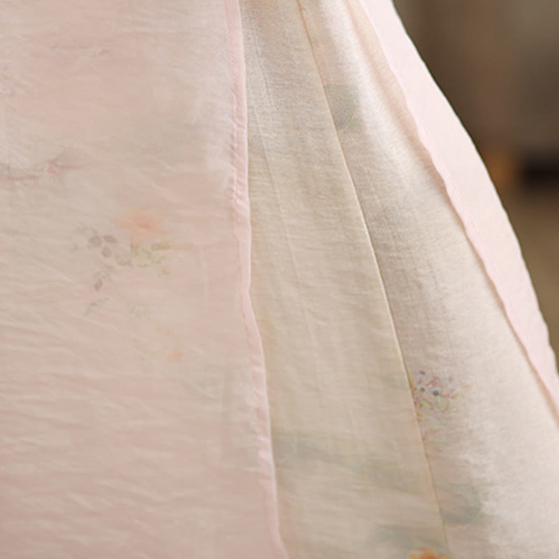Spring Vintage Printing Plant Pattern Double Layer Design Women's Cotton Wide Leg Pants With Pockets