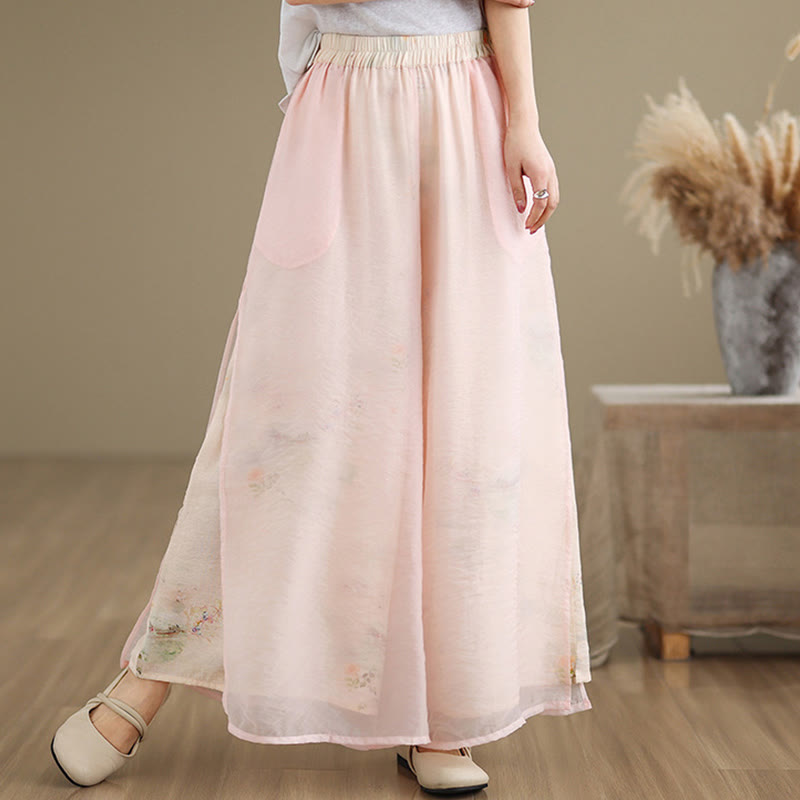 Spring Vintage Printing Plant Pattern Double Layer Design Women's Cotton Wide Leg Pants With Pockets