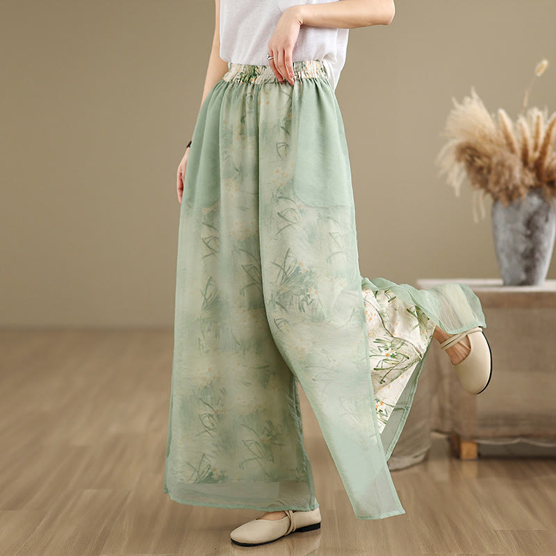 Spring Vintage Printing Plant Pattern Double Layer Design Women's Cotton Wide Leg Pants With Pockets