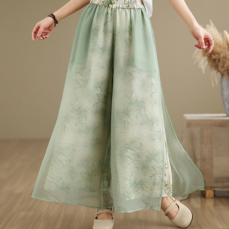 Spring Vintage Printing Plant Pattern Double Layer Design Women's Cotton Wide Leg Pants With Pockets
