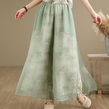 Spring Vintage Printing Plant Pattern Double Layer Design Women's Cotton Wide Leg Pants With Pockets