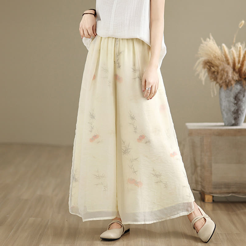 Spring Vintage Printing Plant Pattern Double Layer Design Women's Cotton Wide Leg Pants With Pockets