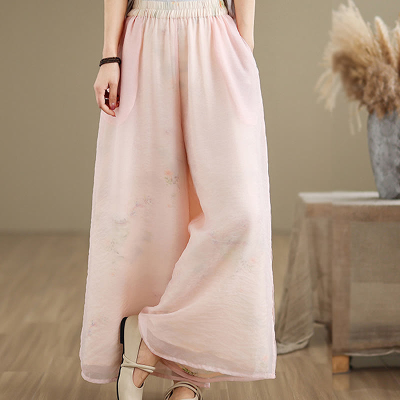 Spring Vintage Printing Plant Pattern Double Layer Design Women's Cotton Wide Leg Pants With Pockets
