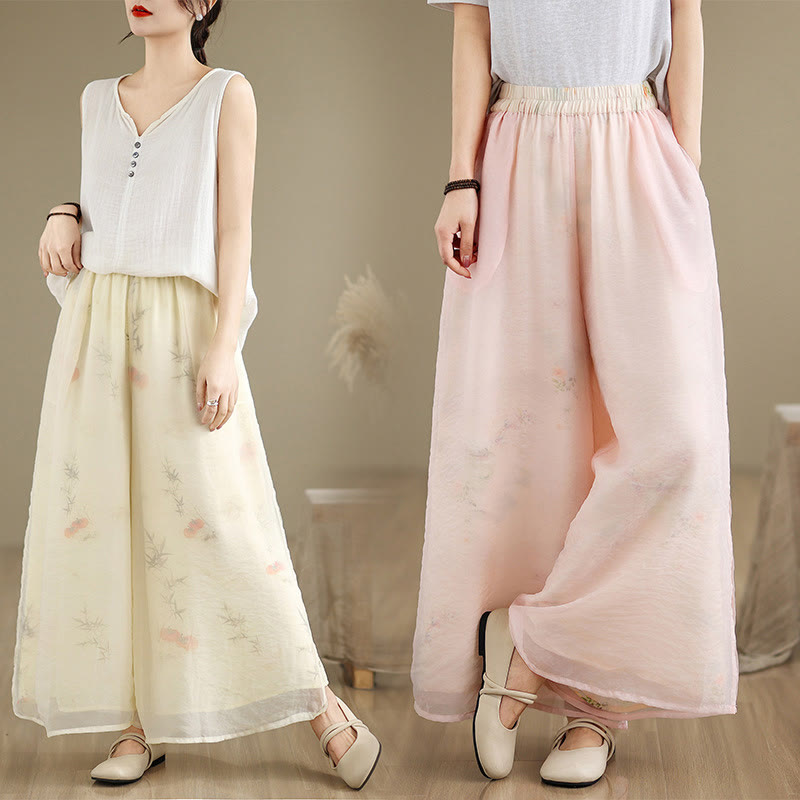 Spring Vintage Printing Plant Pattern Double Layer Design Women's Cotton Wide Leg Pants With Pockets