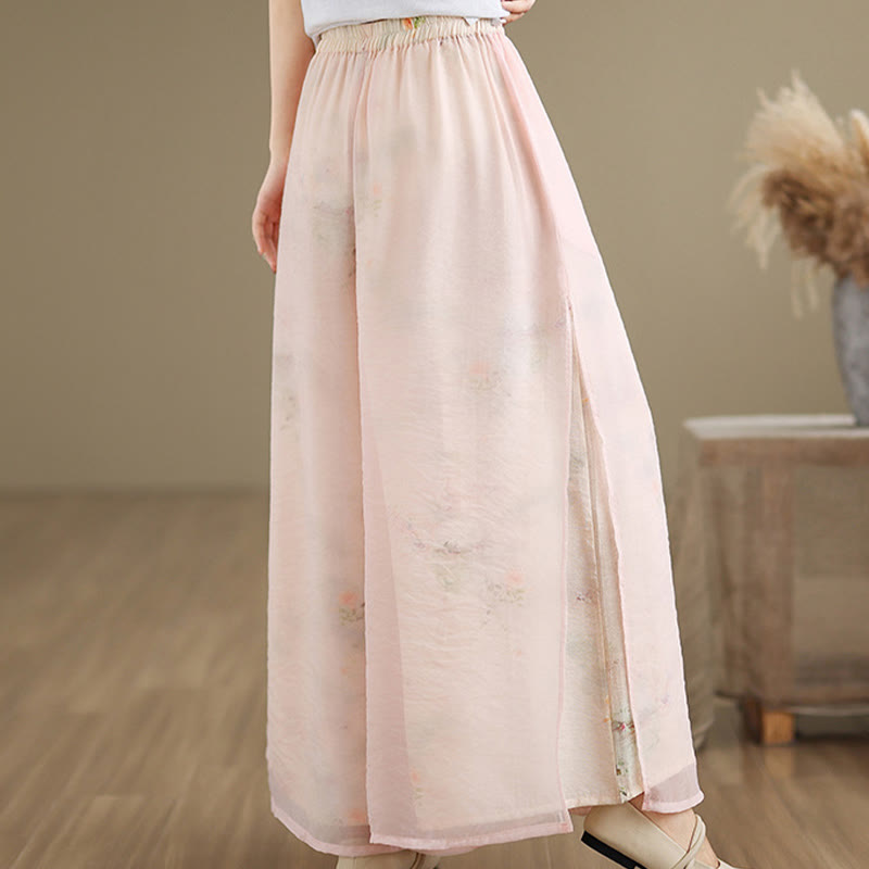 Spring Vintage Printing Plant Pattern Double Layer Design Women's Cotton Wide Leg Pants With Pockets