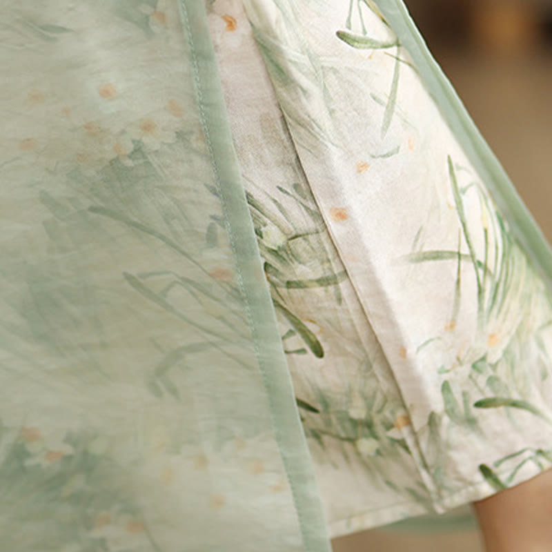 Spring Vintage Printing Plant Pattern Double Layer Design Women's Cotton Wide Leg Pants With Pockets