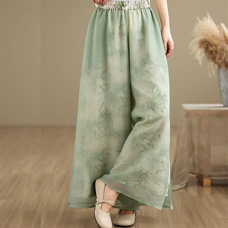 Spring Vintage Printing Plant Pattern Double Layer Design Women's Cotton Wide Leg Pants With Pockets