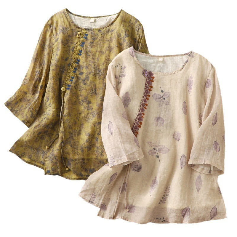 Embroidery Design Leaves Women's Cotton Linen Three Quarter Sleeve Shirt