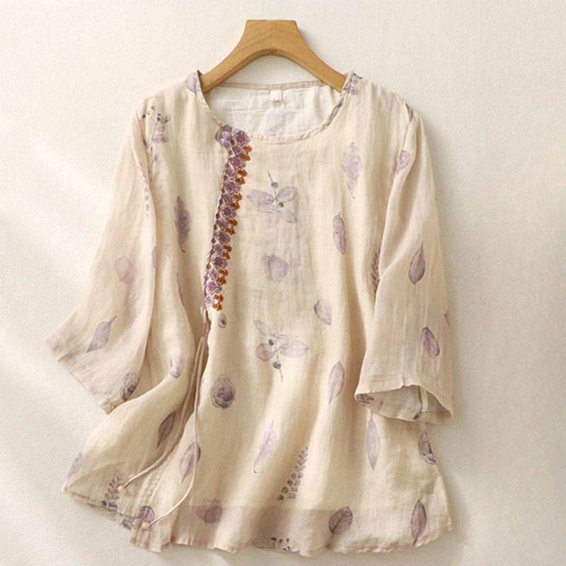 Embroidery Design Leaves Women's Cotton Linen Three Quarter Sleeve Shirt