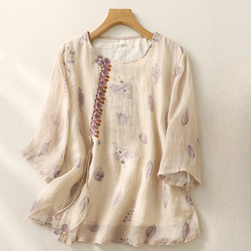 Embroidery Design Leaves Women's Cotton Linen Three Quarter Sleeve Shirt