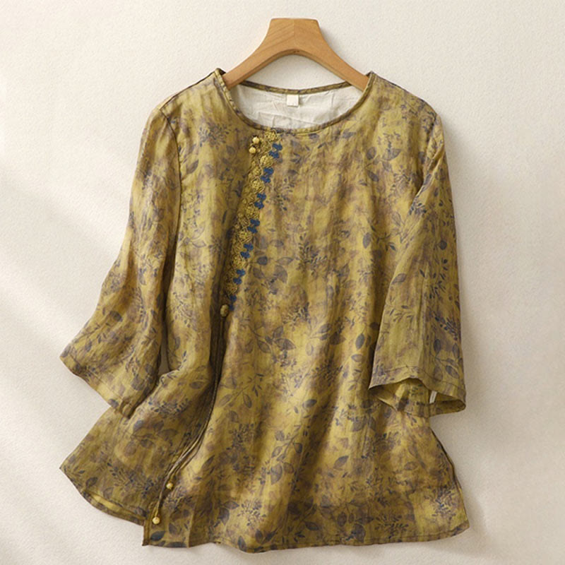 Embroidery Design Leaves Women's Cotton Linen Three Quarter Sleeve Shirt