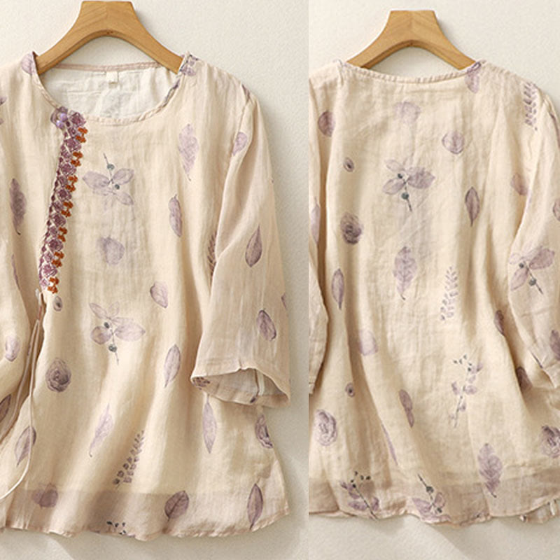 Embroidery Design Leaves Women's Cotton Linen Three Quarter Sleeve Shirt