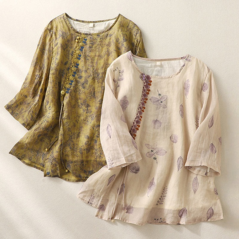 Embroidery Design Leaves Women's Cotton Linen Three Quarter Sleeve Shirt
