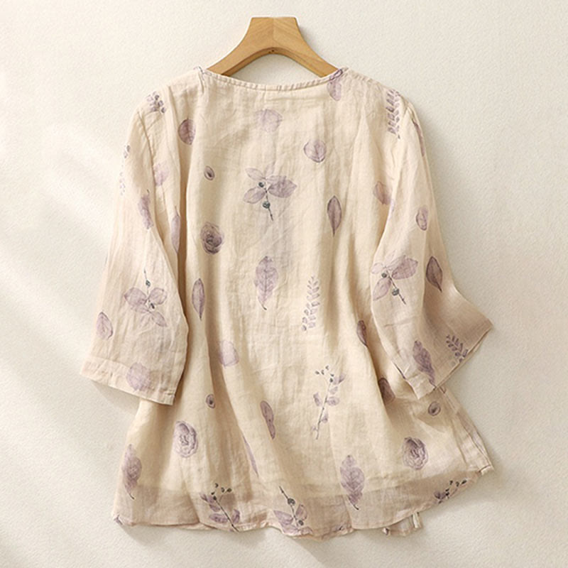 Embroidery Design Leaves Women's Cotton Linen Three Quarter Sleeve Shirt