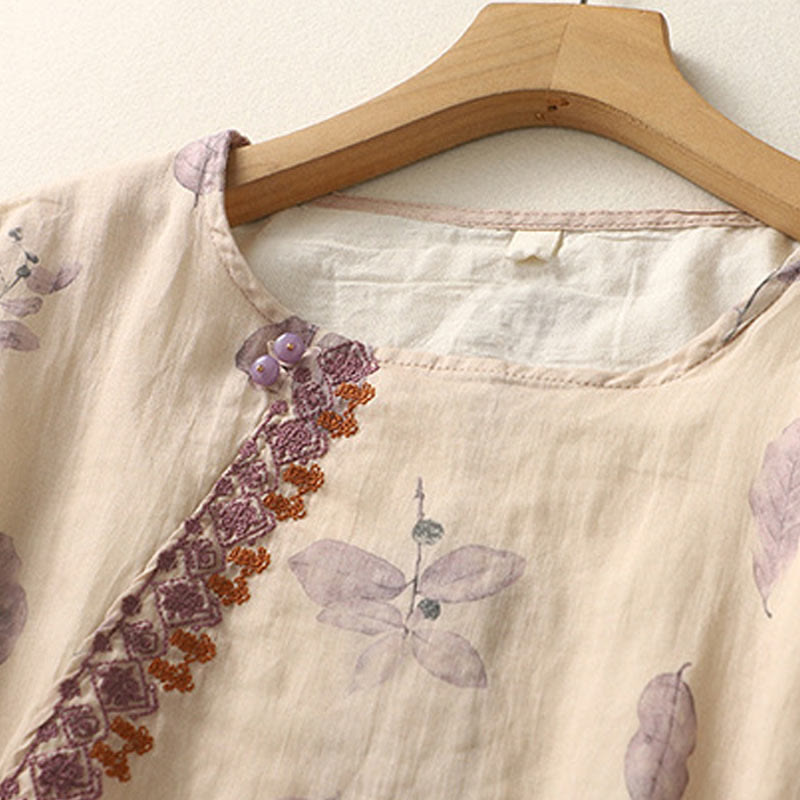 Embroidery Design Leaves Women's Cotton Linen Three Quarter Sleeve Shirt