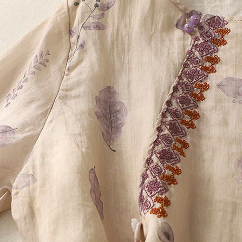 Embroidery Design Leaves Women's Cotton Linen Three Quarter Sleeve Shirt
