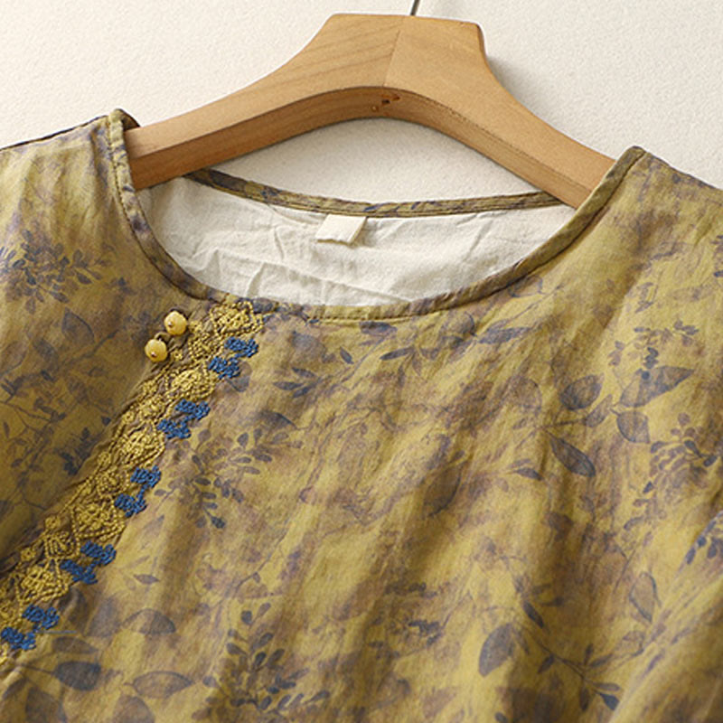 Embroidery Design Leaves Women's Cotton Linen Three Quarter Sleeve Shirt