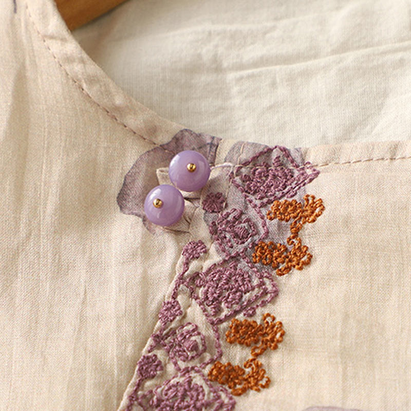 Embroidery Design Leaves Women's Cotton Linen Three Quarter Sleeve Shirt