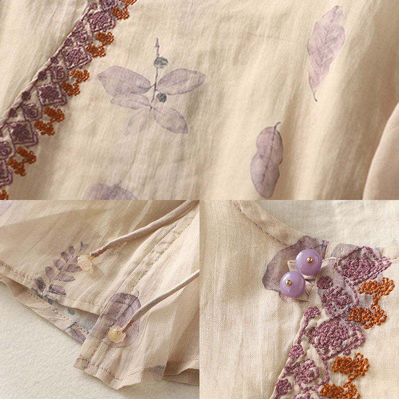 Embroidery Design Leaves Women's Cotton Linen Three Quarter Sleeve Shirt