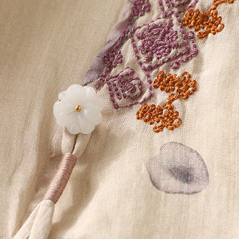Embroidery Design Leaves Women's Cotton Linen Three Quarter Sleeve Shirt