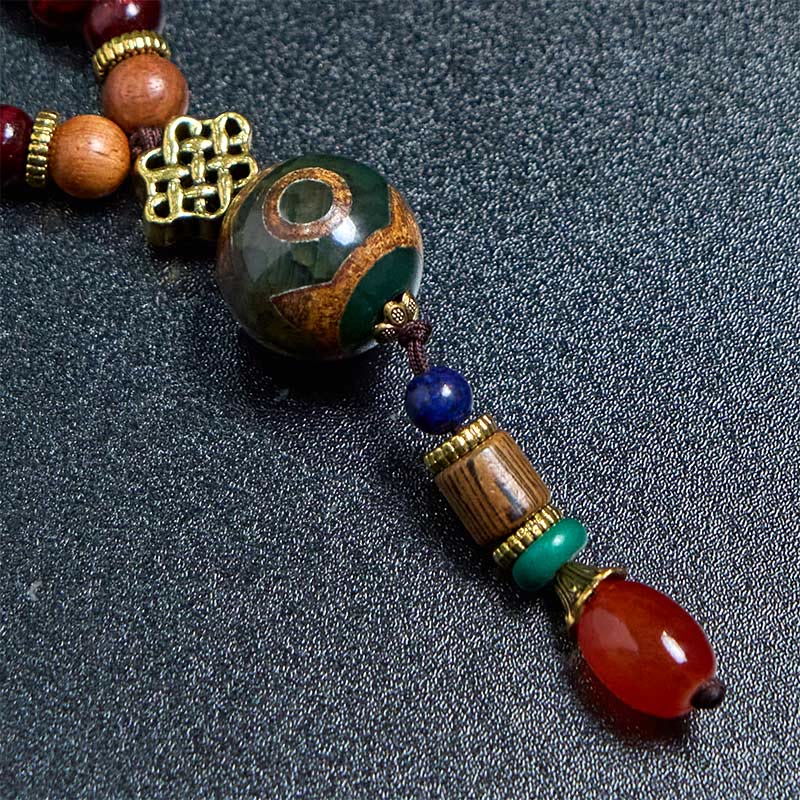 Tibetan Handmade Wenge Wood Protection Dzi Bead Elephant Head Necklace Pendant