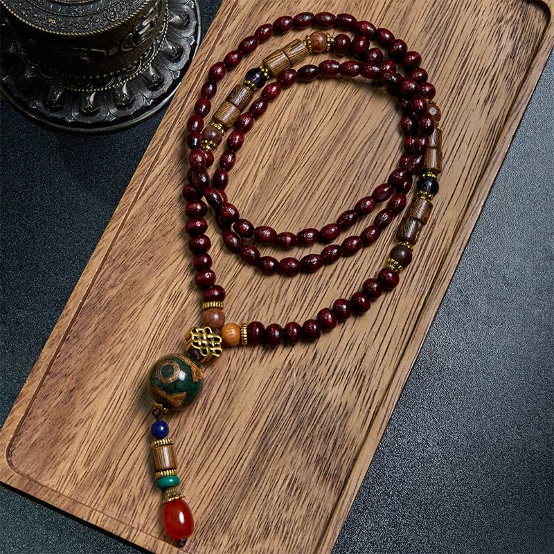 Tibetan Handmade Wenge Wood Protection Dzi Bead Elephant Head Necklace Pendant