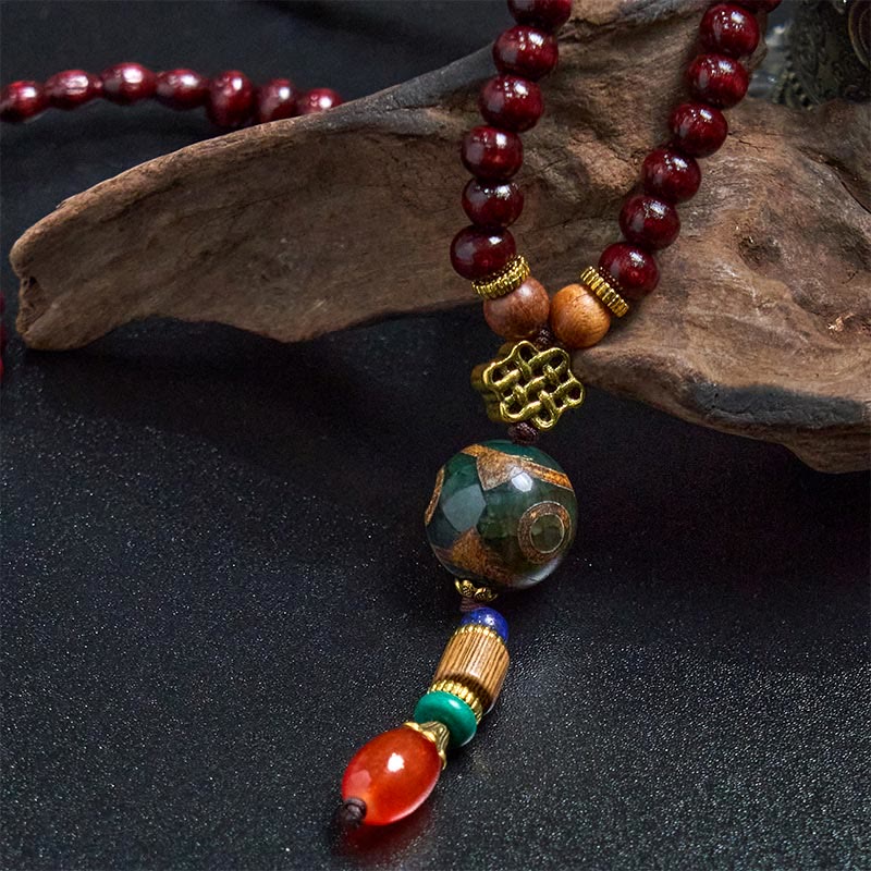 Tibetan Handmade Wenge Wood Protection Dzi Bead Elephant Head Necklace Pendant
