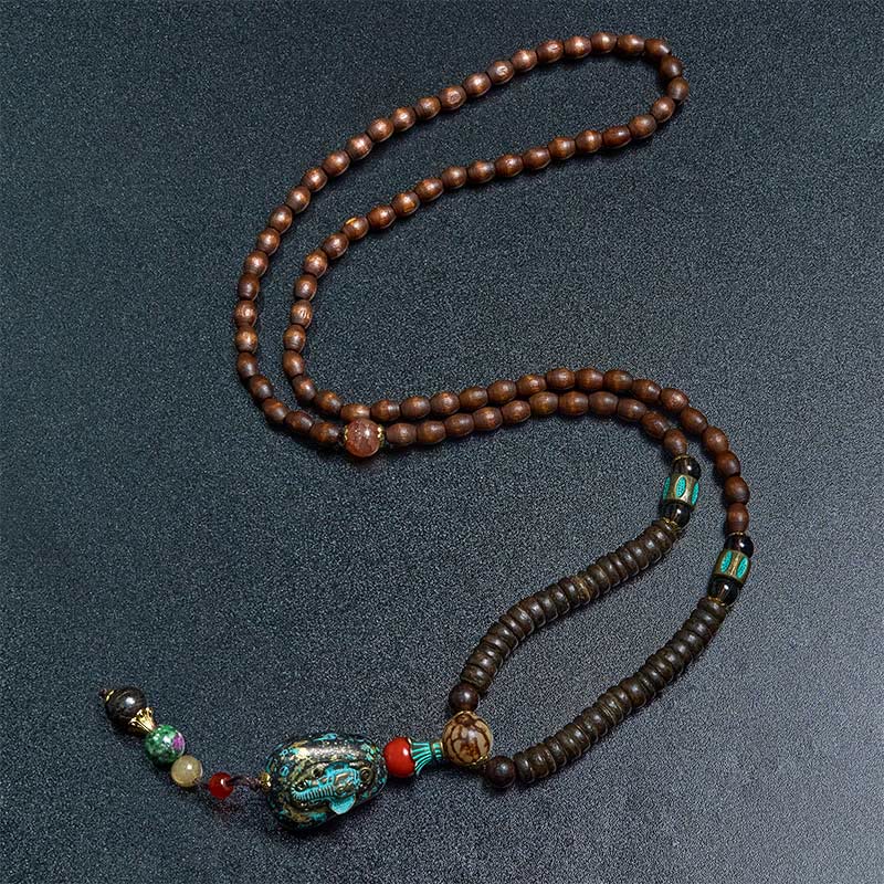 Tibetan Handmade Wenge Wood Protection Dzi Bead Elephant Head Necklace Pendant