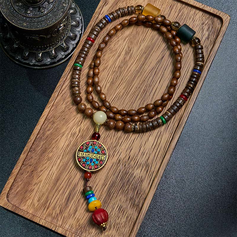 Tibetan Handmade Coconut Shell Schima Wood Great Bright Mantra Copper Bead Balance Necklace Pendant
