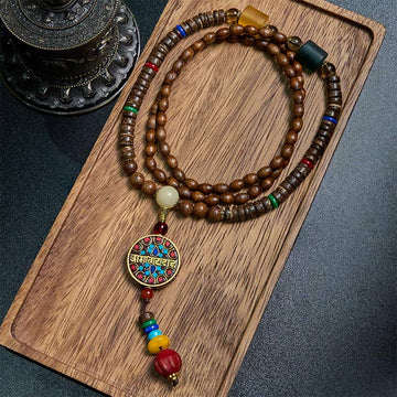 Tibetan Handmade Coconut Shell Schima Wood Great Bright Mantra Copper Bead Balance Necklace Pendant