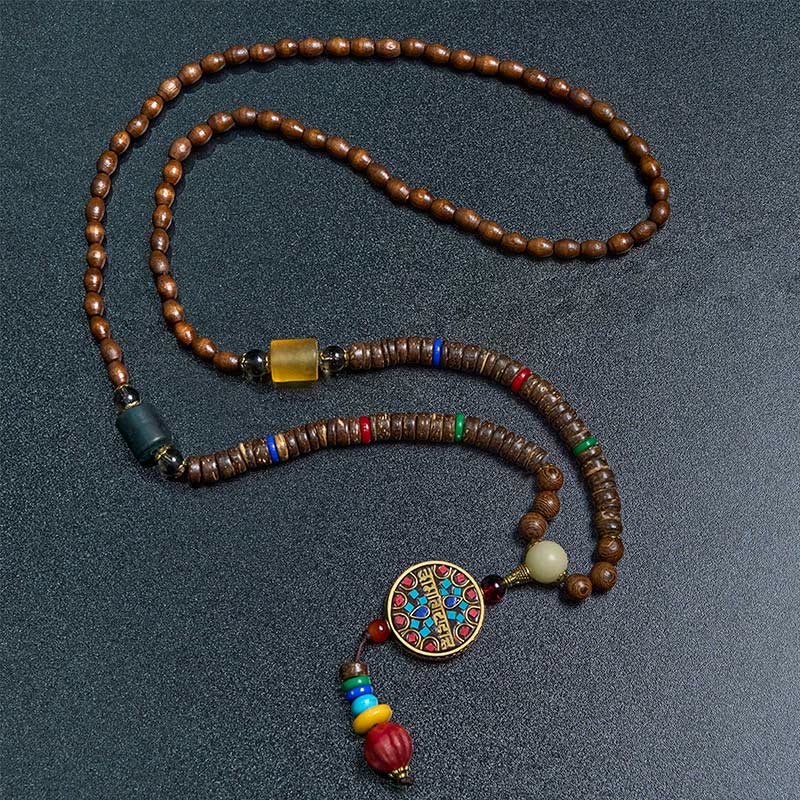 Tibetan Handmade Coconut Shell Schima Wood Great Bright Mantra Copper Bead Balance Necklace Pendant