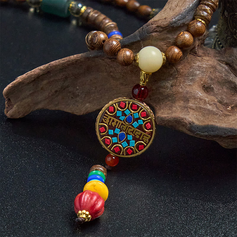 Tibetan Handmade Coconut Shell Schima Wood Great Bright Mantra Copper Bead Balance Necklace Pendant