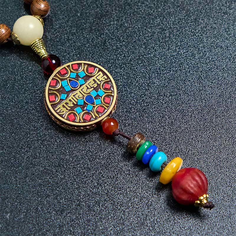 Tibetan Handmade Coconut Shell Schima Wood Great Bright Mantra Copper Bead Balance Necklace Pendant