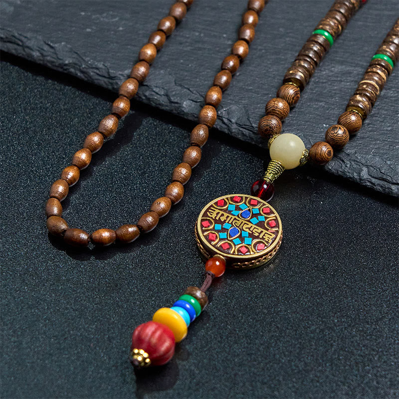 Tibetan Handmade Coconut Shell Schima Wood Great Bright Mantra Copper Bead Balance Necklace Pendant