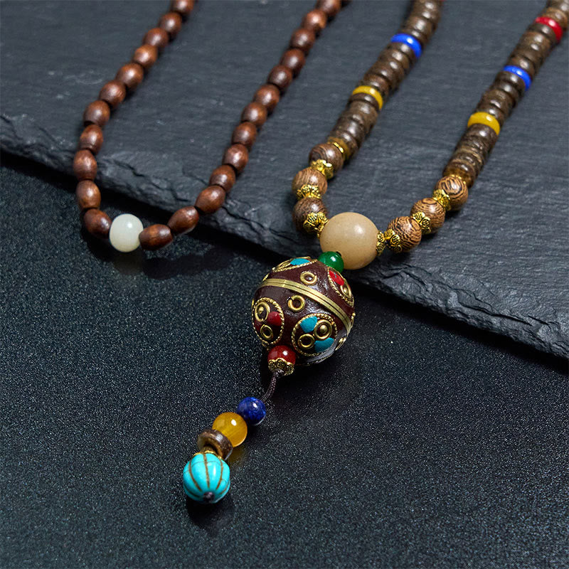 Tibetan Handmade Coconut Shell Schima Wood Great Bright Mantra Copper Bead Balance Necklace Pendant