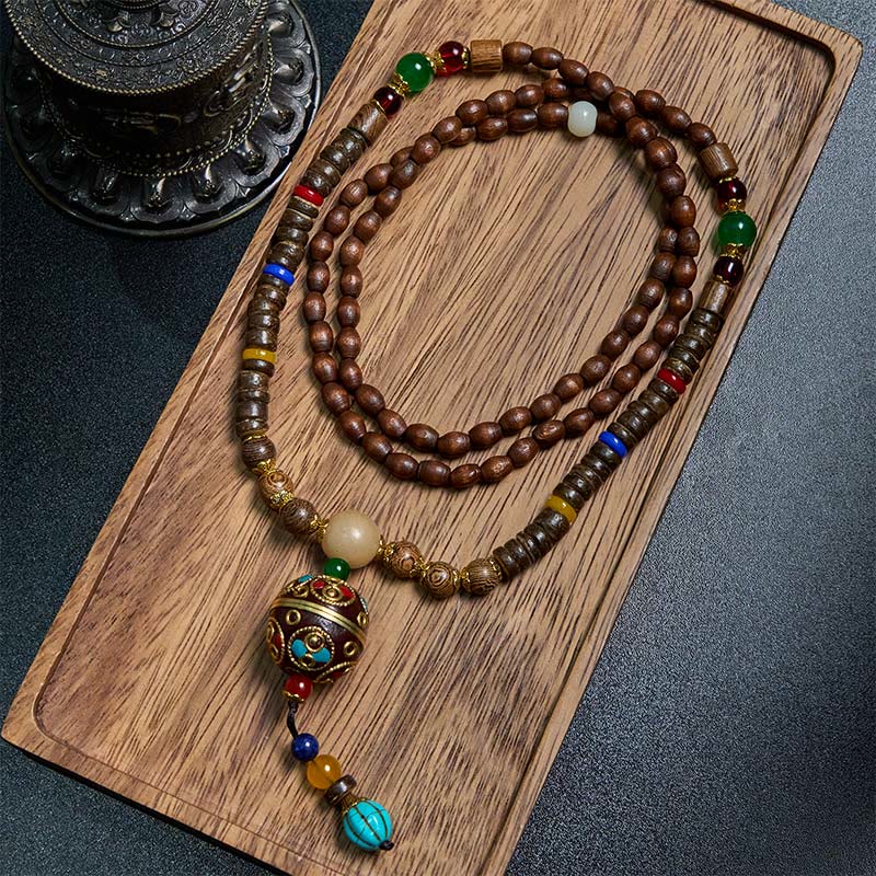 Tibetan Handmade Coconut Shell Schima Wood Great Bright Mantra Copper Bead Balance Necklace Pendant
