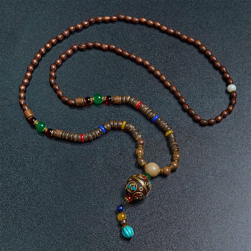 Tibetan Handmade Coconut Shell Schima Wood Great Bright Mantra Copper Bead Balance Necklace Pendant