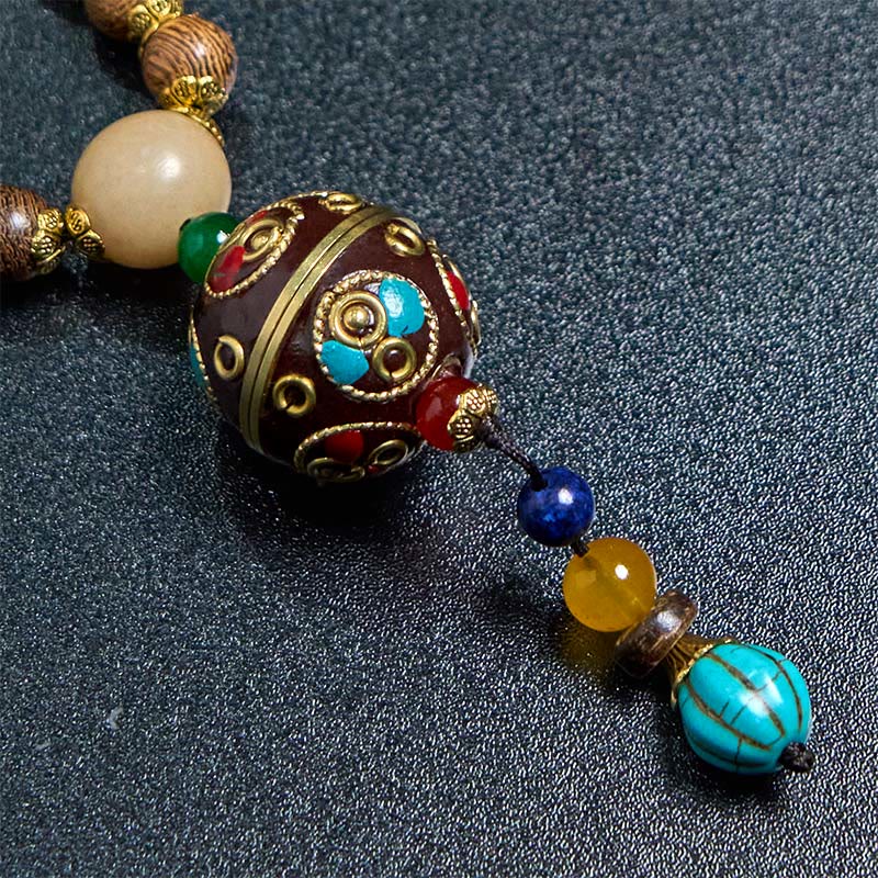 Tibetan Handmade Coconut Shell Schima Wood Great Bright Mantra Copper Bead Balance Necklace Pendant
