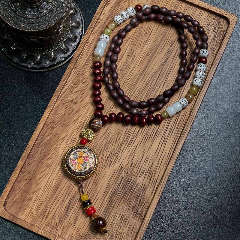 Tibetan Handmade Wood Beads Om Mani Padme Hum Samantabhadra Bodhisattva Purity Necklace Pendant