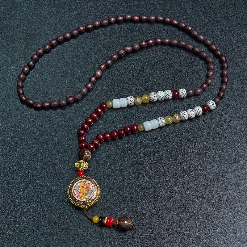 Tibetan Handmade Wood Beads Om Mani Padme Hum Samantabhadra Bodhisattva Purity Necklace Pendant