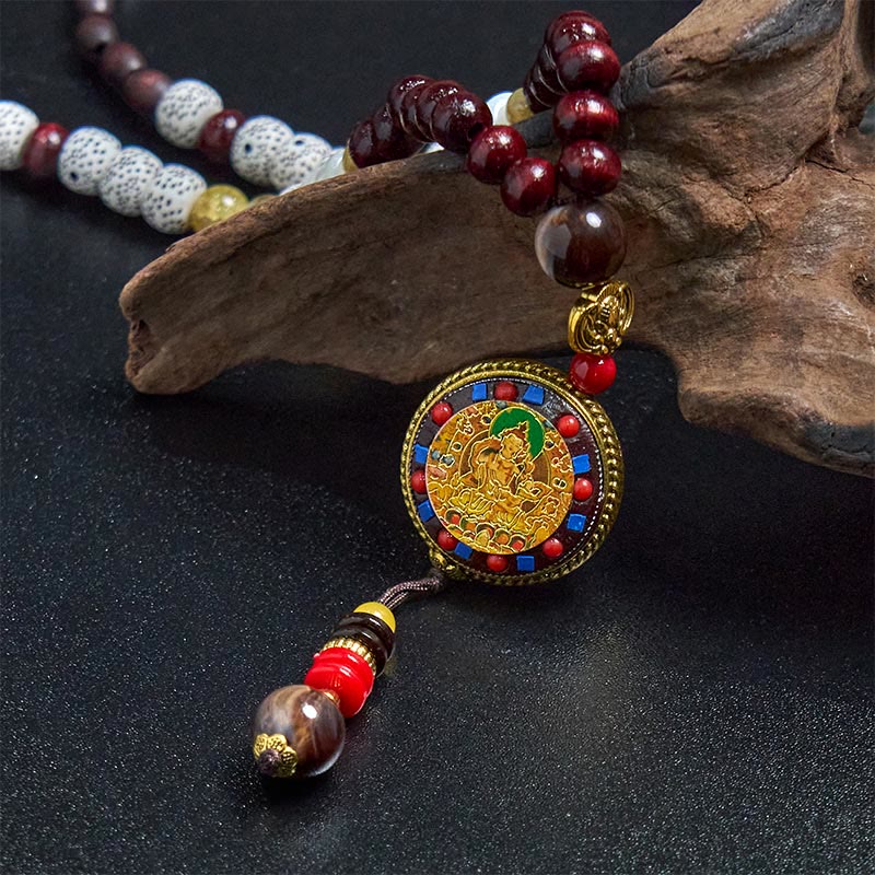 Tibetan Handmade Wood Beads Om Mani Padme Hum Samantabhadra Bodhisattva Purity Necklace Pendant