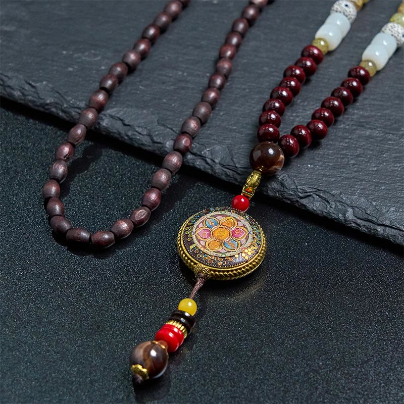 Tibetan Handmade Wood Beads Om Mani Padme Hum Samantabhadra Bodhisattva Purity Necklace Pendant