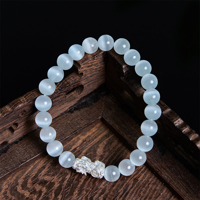 Natural Cat's Eye Beads & 990 Fine Silver Pixiu Symbol Bracelet