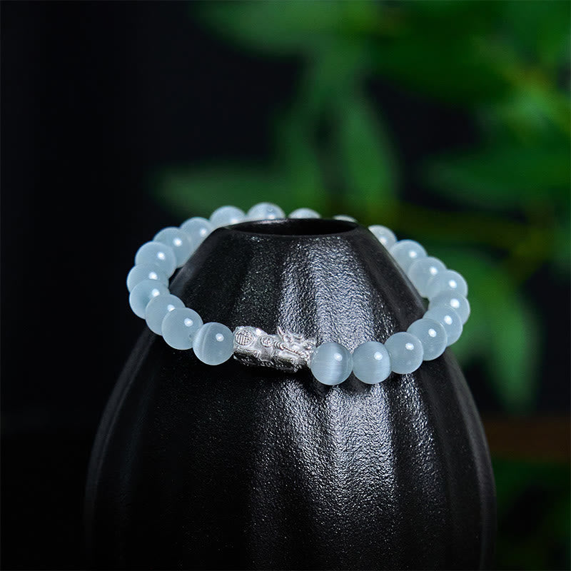 Natural Cat's Eye Beads & 990 Fine Silver Pixiu Symbol Bracelet